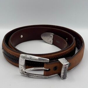 Brighton Western Brown Leather Belt Engraved Buckle Metal Tip Cowboy Style